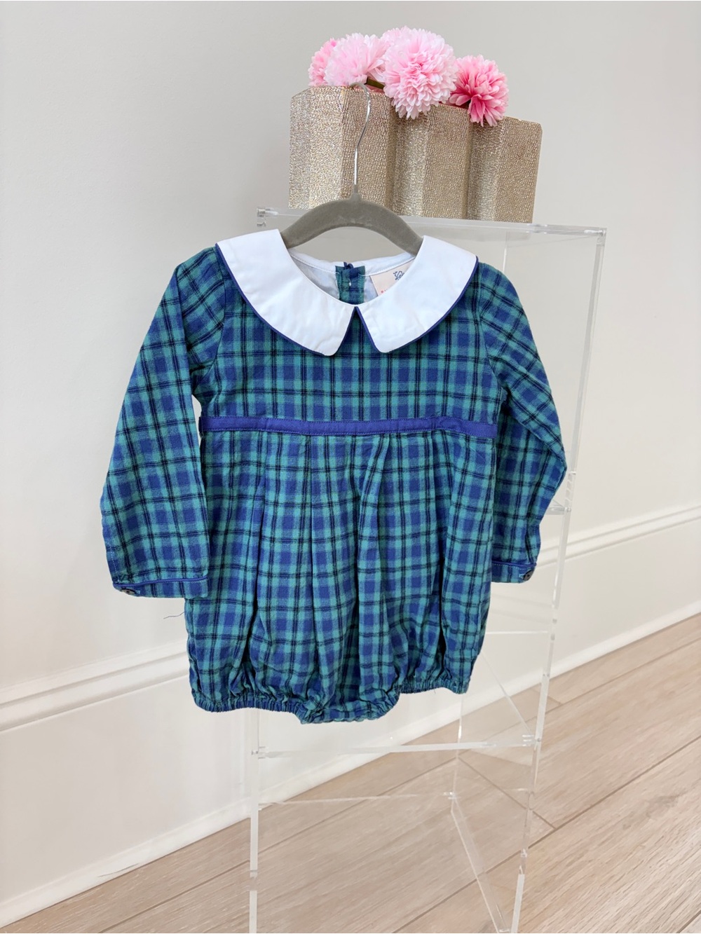 Toddler Plaid Peter Pan Collar One-Piece - Blue & Green